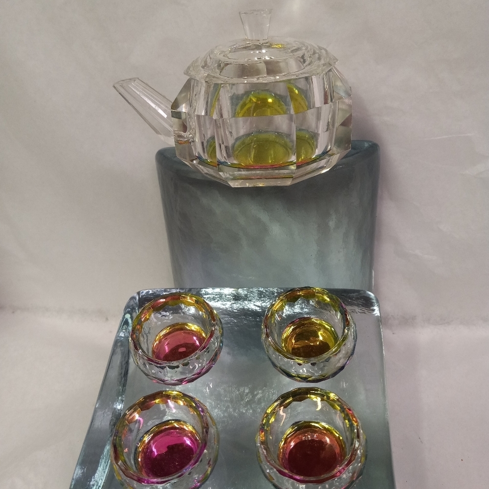 Elegant Crystal Octagon Glass Miniature Tea Set Iridescent Felt Heavy 6 pcs